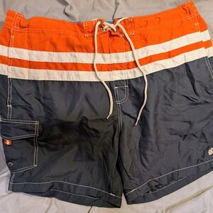 Caribbean Joe Men’s Swim Trunks XL Navy Blue Orange Striped Board Shorts
